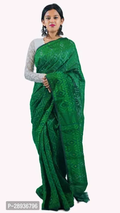 Stylish Green Cotton Saree With Blouse Piece For Women-thumb0