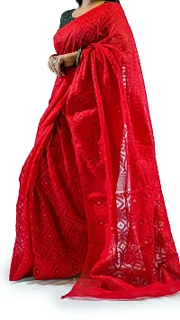 Stylish Red Cotton Soft Dhakai Jamdani Saree With Blouse Piece For Women-thumb1