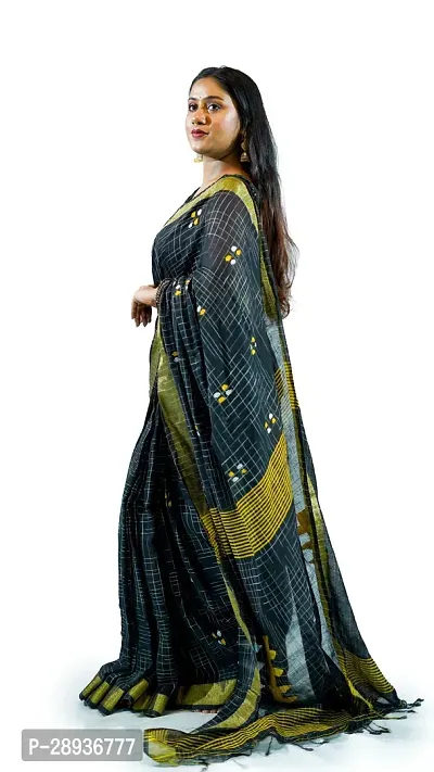 Stylish Black Pure Cotton Handloom Saree With Blouse Piece Pine Tree Design-thumb3