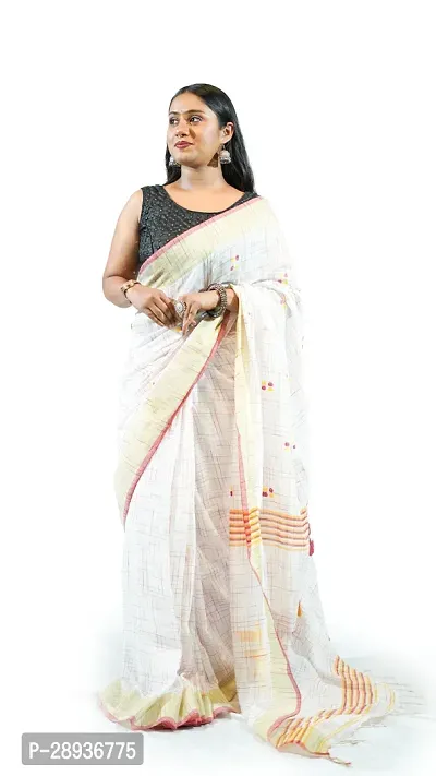 Stylish White Pure Cotton Handloom Saree With Blouse Piece Pine Tree Design-thumb0