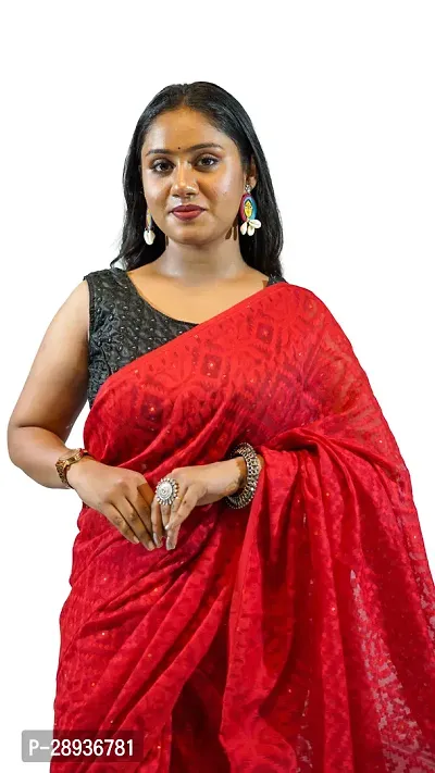 Stylish Red Cotton Soft Dhakai Jamdani Saree With Blouse Piece For Women-thumb4