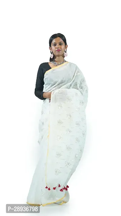 Stylish White Cotton Handloom Saree Sequence Work Love Design