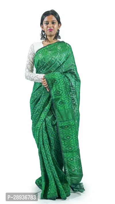 Stylish Deep Green Cotton Soft Dhakai Jamdani Saree With Blouse Piece For Women-thumb0