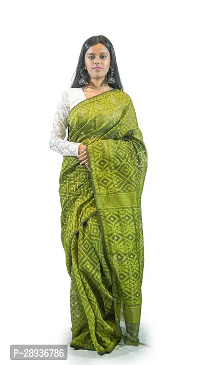 Stylish Pista Green Cotton Soft Dhakai Jamdani Saree With Blouse Piece For Women