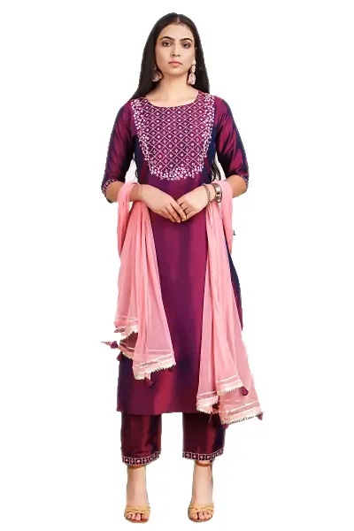 Reliable Purple Cotton Embroidered Kurta with Pant And Dupatta Set For Women