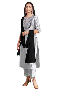 Grey Cotton Embroidered Kurta Pant and Dupatta Set For Women-thumb3