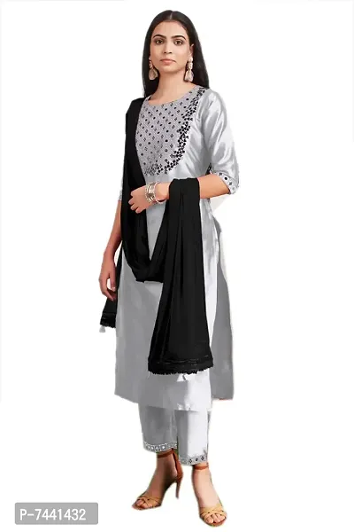 Reliable Grey Cotton Embroidered Kurta with Pant And Dupatta Set For Women-thumb4