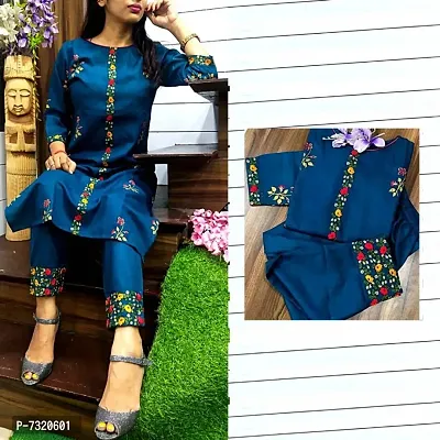 Pure Heavy Cotton Embroidered  Printed Kurta with Pent For Women.-thumb1