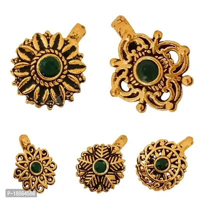 Saubhagya Collection ''Nose Pin Nose Ring Nose Stud Nath Traditional Golden Oxidised Without Piercing Floral Shaped  Nose Pin Set Nosepin Combo Valentines Birthday Gift for Girls-thumb0