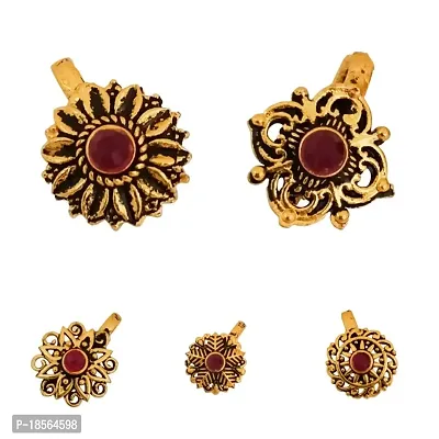 Saubhagya Collection ''Nose Pin Nose Ring Nose Stud Nath Traditional Golden Oxidised Without Piercing Floral Shaped  Nose Pin Set Nosepin Combo Valentines Birthday Gift for Girls-thumb0