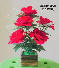 DUCTOR Natural Looking Artificial 7 Rose Flower Bunch with Wooden Pot . Best Design for Home,Office,Living Room,Table top Decoration . H~29cm ( 11.5 INCH )-thumb1