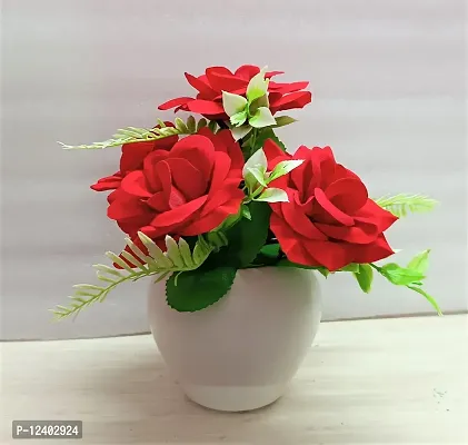 DUCTOR Natural Looking Artificial 5 Red Rose Flower Bunch with Pot . Best Design for Home,Office,Living Room,Table top Decoration . H~24cm ( 9 INCH )