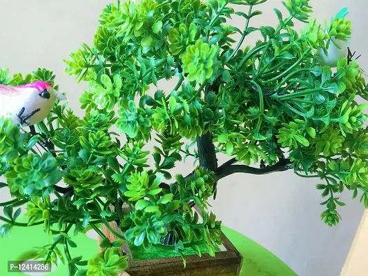 DUCTOR Natural Looking Wild Bonsai Artificial Green Tree Plant with Wooden Pot with Birds . Best Design for Home,Office,Living Room,Table top Decoration . H~22cm ( 8.5 INCH )-thumb3