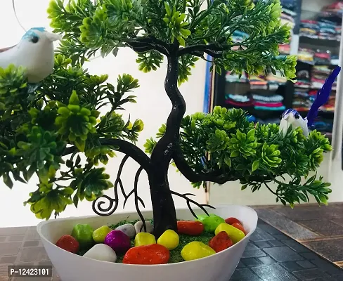 DUCTOR Natural Looking Bonsai Artificial Tree Plant with Pot + Bird + Multicolor Pebbles . Best Design for Home,Office,Living Room Decoration and Gift Item . H~24cm-thumb2