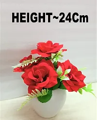 DUCTOR Natural Looking Artificial 5 Red Rose Flower Bunch with Pot . Best Design for Home,Office,Living Room,Table top Decoration . H~24cm ( 9 INCH )-thumb1