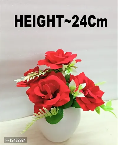 DUCTOR Natural Looking Artificial 5 Red Rose Flower Bunch with Pot . Best Design for Home,Office,Living Room,Table top Decoration . H~24cm ( 9 INCH )-thumb2