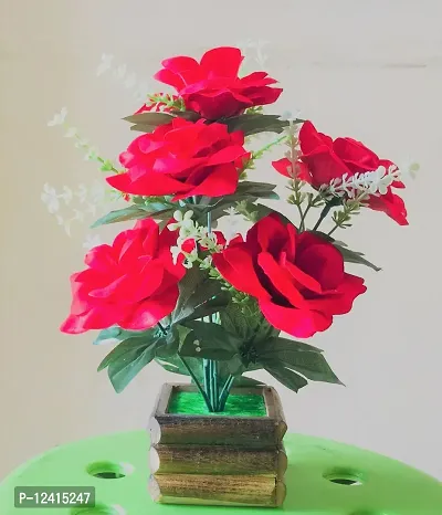 DUCTOR Natural Looking Artificial 7 Rose Flower Bunch with Wooden Pot . Best Design for Home,Office,Living Room,Table top Decoration . H~29cm ( 11.5 INCH )