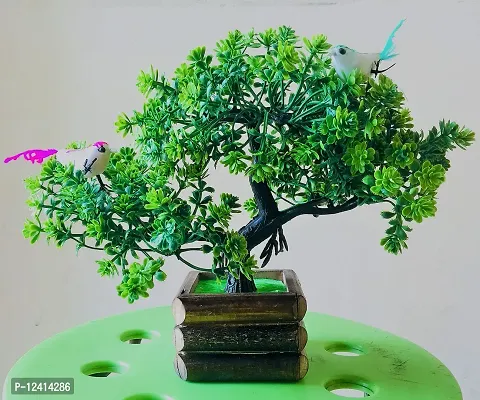 DUCTOR Natural Looking Wild Bonsai Artificial Green Tree Plant with Wooden Pot with Birds . Best Design for Home,Office,Living Room,Table top Decoration . H~22cm ( 8.5 INCH )