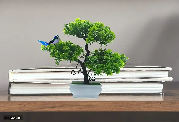 DUCTOR Natural Looking Bonsai Artificial Tree Plant with Pot + Bird + Multicolor Pebbles . Best Design for Home,Office,Living Room Decoration and Gift Item . H~24cm