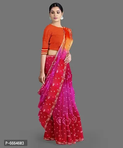 Beautiful Poly Chiffon Bandhej With Lace Border Saree with Blouse piece