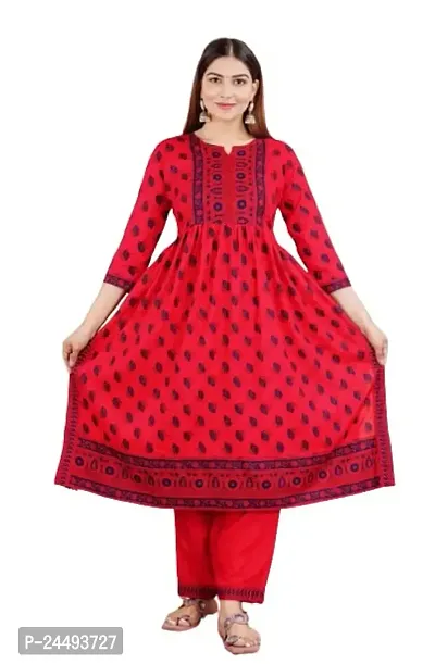 SR Fashion Women's Naira Cut Round Rayon Kurti and Pant Set for Women and Girls (X-Large, Red)-thumb0