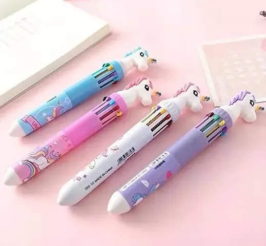 Unicorn 10 In 1 Ball Pen| Student Push-Type Colored Pen Multi-Function Ten-Color In One Push Ballpoint Pen | Pack Of 4|