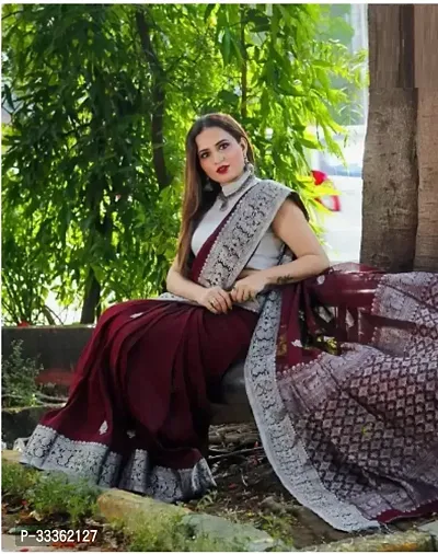 Stylish Maroon Cotton Silk Woven Design Saree with Blouse piece For Women-thumb0