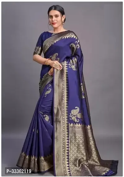 Stylish Blue Cotton Silk Woven Design Saree with Blouse piece For Women-thumb0