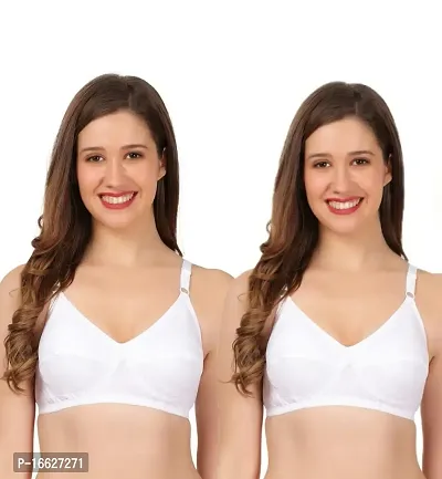 FLOMI Women Full Coverage Non Padded Wirefree Cotton T Shirt Bra 2 Pack Combo (36B, White)-thumb0