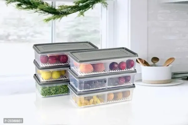 Antusias 2 Fridge Storage Boxes 2 Partition Fridge Organizer with Removable Drain Plate and Lid Stackable Fridge Containers Storage Containers for Fish, Meat, Vegetables, Fruits(Black, 2000ML)-thumb5