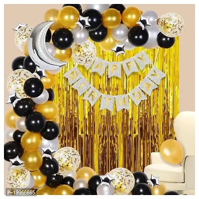 Premium Quality Happy Birthday Decoration Balloon Arch Garland Kit 90 Items Moon  Stars Style (Golden-Black)