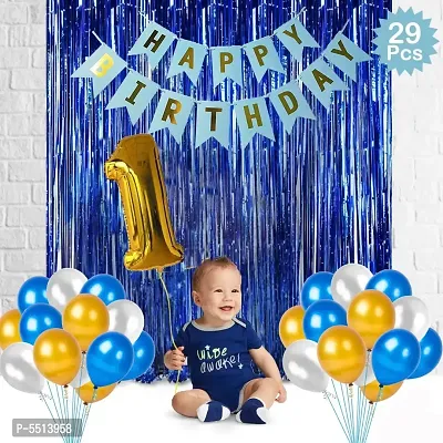 Blue Happy Birthday Decoration Combo - 29 Pieces Set (1 Birthday Banner, 24 Balloons,3 Foil Curtains,1 Foil Number Balloon)
