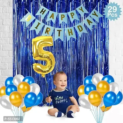 Blue Happy Birthday Decoration Combo - 29 Pieces Set (1 Birthday Banner, 24 Balloons,3 Foil Curtains,1 Foil Number Balloon)-thumb0