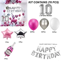 Happy Birthday Decoration Items Or Kit Of 77 Items  1 Happy Birthday Silver Foil Balloons With 70 Hd Metallic Balloons , 3 Star Shape Foil Balloons , 1 Pink Champagne Bottle Balloon ,Number 10 Silver Foil Balloon-thumb1