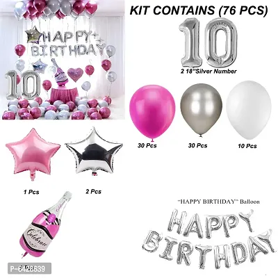 Happy Birthday Decoration Items Or Kit Of 77 Items  1 Happy Birthday Silver Foil Balloons With 70 Hd Metallic Balloons , 3 Star Shape Foil Balloons , 1 Pink Champagne Bottle Balloon ,Number 10 Silver Foil Balloon-thumb2