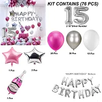 Happy Birthday Decoration Items Or Kit Of 77 Items  1 Happy Birthday Silver Foil Balloons With 70 Hd Metallic Balloons , 3 Star Shape Foil Balloons , 1 Pink Champagne Bottle Balloon ,Number 15 Silver Foil Balloon-thumb1