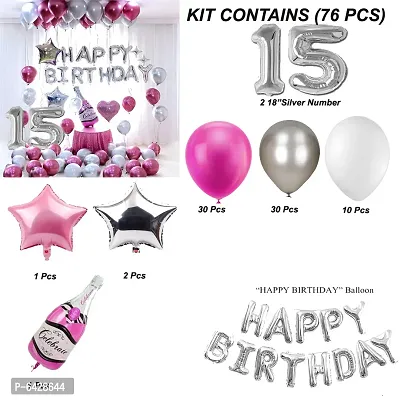 Happy Birthday Decoration Items Or Kit Of 77 Items  1 Happy Birthday Silver Foil Balloons With 70 Hd Metallic Balloons , 3 Star Shape Foil Balloons , 1 Pink Champagne Bottle Balloon ,Number 15 Silver Foil Balloon-thumb2