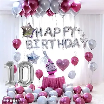 Happy Birthday Decoration Items Or Kit Of 77 Items  1 Happy Birthday Silver Foil Balloons With 70 Hd Metallic Balloons , 3 Star Shape Foil Balloons , 1 Pink Champagne Bottle Balloon ,Number 10 Silver Foil Balloon