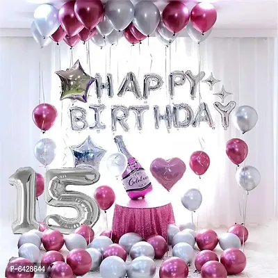 Happy Birthday Decoration Items Or Kit Of 77 Items  1 Happy Birthday Silver Foil Balloons With 70 Hd Metallic Balloons , 3 Star Shape Foil Balloons , 1 Pink Champagne Bottle Balloon ,Number 15 Silver Foil Balloon-thumb0