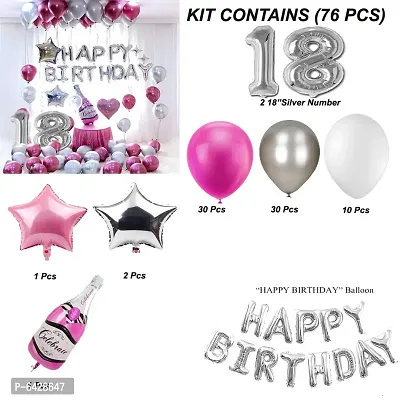 Happy Birthday Decoration Items Or Kit Of 77 Items  1 Happy Birthday Silver Foil Balloons With 70 Hd Metallic Balloons , 3 Star Shape Foil Balloons , 1 Pink Champagne Bottle Balloon ,Number 18 Silver Foil Balloon-thumb2