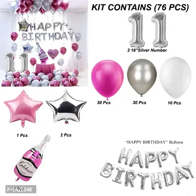 Happy Birthday Decoration Items Or Kit Of 77 Items  1 Happy Birthday Silver Foil Balloons With 70 Hd Metallic Balloons , 3 Star Shape Foil Balloons , 1 Pink Champagne Bottle Balloon ,Number 11 Silver Foil Balloon-thumb2