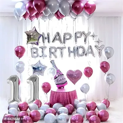 Happy Birthday Decoration Items Or Kit Of 77 Items  1 Happy Birthday Silver Foil Balloons With 70 Hd Metallic Balloons , 3 Star Shape Foil Balloons , 1 Pink Champagne Bottle Balloon ,Number 11 Silver Foil Balloon-thumb0