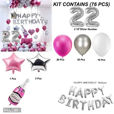 Happy Birthday Decoration Items Or Kit Of 77 Items  1 Happy Birthday Silver Foil Balloons With 70 Hd Metallic Balloons , 3 Star Shape Foil Balloons , 1 Pink Champagne Bottle Balloon ,Number 22 Silver Foil Balloon-thumb2