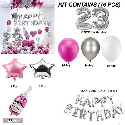 Happy Birthday Decoration Items Or Kit Of 77 Items  1 Happy Birthday Silver Foil Balloons With 70 Hd Metallic Balloons , 3 Star Shape Foil Balloons , 1 Pink Champagne Bottle Balloon ,Number 23 Silver Foil Balloon-thumb2