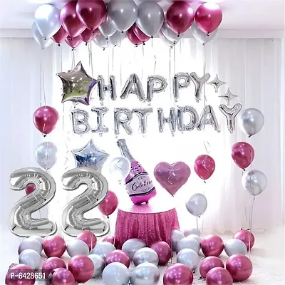 Happy Birthday Decoration Items Or Kit Of 77 Items  1 Happy Birthday Silver Foil Balloons With 70 Hd Metallic Balloons , 3 Star Shape Foil Balloons , 1 Pink Champagne Bottle Balloon ,Number 22 Silver Foil Balloon-thumb0