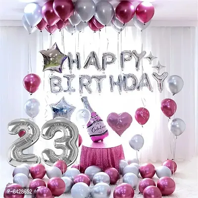 Happy Birthday Decoration Items Or Kit Of 77 Items  1 Happy Birthday Silver Foil Balloons With 70 Hd Metallic Balloons , 3 Star Shape Foil Balloons , 1 Pink Champagne Bottle Balloon ,Number 23 Silver Foil Balloon-thumb0