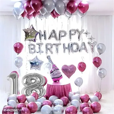 Happy Birthday Decoration Items Or Kit Of 77 Items  1 Happy Birthday Silver Foil Balloons With 70 Hd Metallic Balloons , 3 Star Shape Foil Balloons , 1 Pink Champagne Bottle Balloon ,Number 18 Silver Foil Balloon