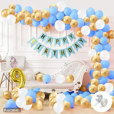 Blue Happy Birthday Decoration Combo-32Pcs Set( 1Banner and 30 Balloons and 1 Number)For Kids 9Th Birthday