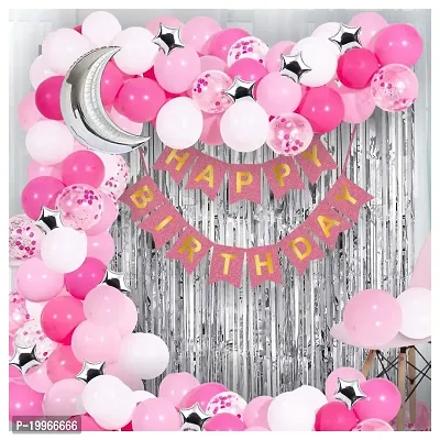 Premium Quality Happy Birthday Decoration Balloon Arch Garland Kit 90 Items Moon  Stars Style (Pink-Silver)