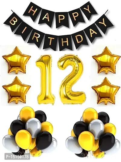 ZQNYCY 12th Gold Number Foil Balloon  Black Happy Birthday Banner  30 Piece Gold,Black  Silver latex balloons  4 Star Foil Balloon For Birthday Decoration Items (Set Of 37 Piece)